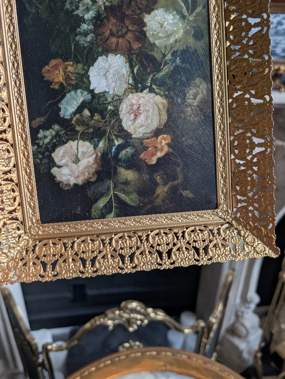 Vintage gold ornate filigree metal frame w/ vtg style Moody still floral print